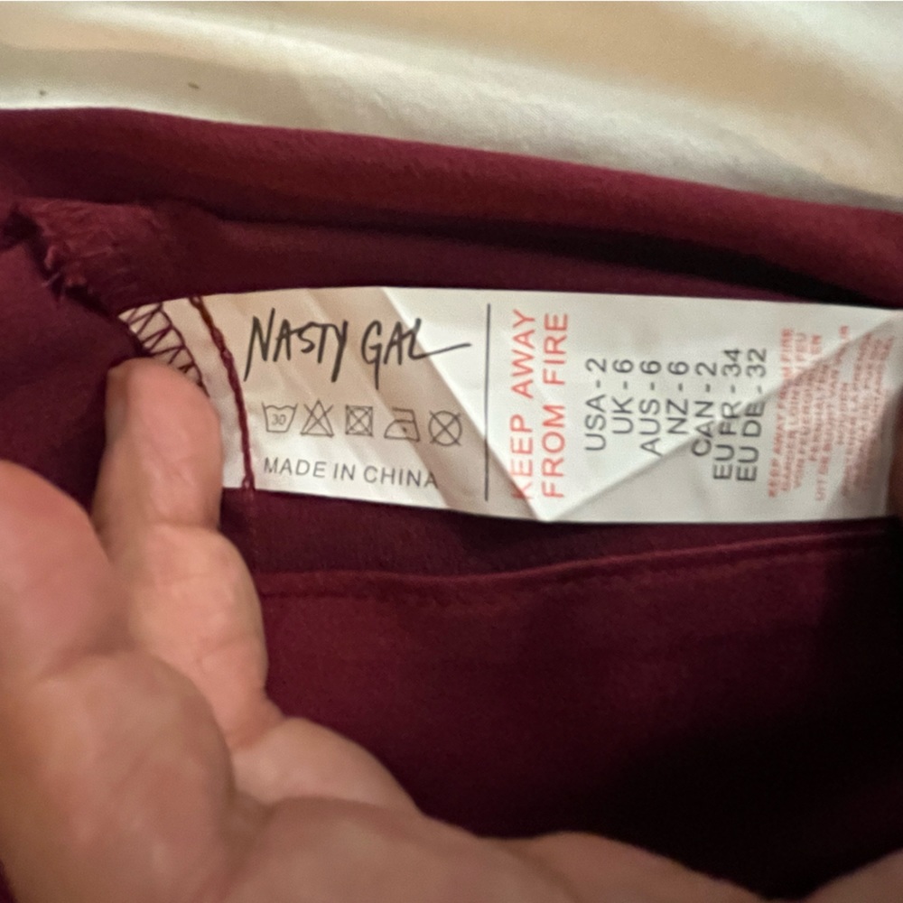 Nasty Gal Burgundy Satin Spaghetti Adjustable Strap Midi Wrap Dress Sz 2 - Picture 13 of 13